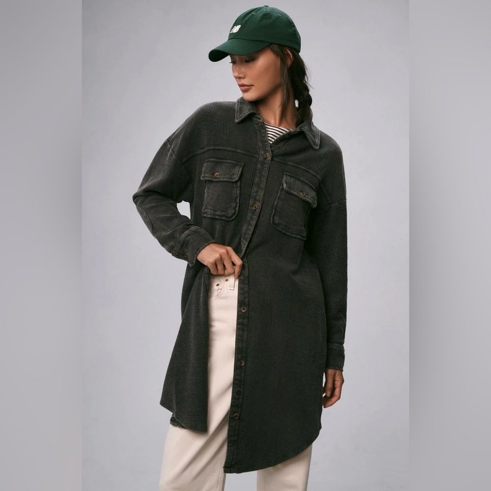 Anthropologie Pilcro Duster Shacket Waffle Knit Button Down Faded Black Size L